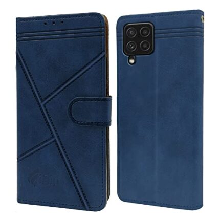 Jkobi Flip Cover Case for Samsung Galaxy A22 4G (Professional Line Pattern| Magnetic Closure | Inner TPU | Inbuilt Stand & Pockets | Office Wallet Style Flip Cover | Blue)