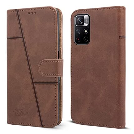 Jkobi Flip Cover Case for Xiaomi Redmi Note 11T 5G | Note 11 5G (Stitched Leather Finish | Magnetic Closure | Foldable Stand | Wallet Card Slots | Brown)