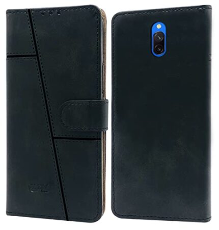 Jkobi Flip Cover Case for Xiaomi Mi Redmi 8A Dual (Stitched Leather Finish | Magnetic Closure | Inner TPU | Foldable Stand | Wallet Card Slots | Black)