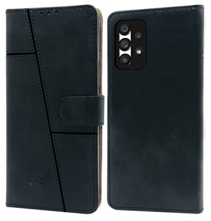 Jkobi Flip Cover Case for Samsung Galaxy A73 5G (Stitched Leather Finish | Magnetic Closure | Inner TPU | Foldable Stand | Wallet Card Slots | Black)