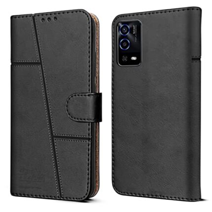 Jkobi Flip Cover Case For OPPO A55 ( Stitched Leather Finish | Magnetic Closure | Inner TPU | Foldable Stand | Wallet Card Slots | Black)
