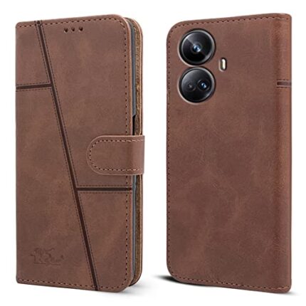 Jkobi Flip Cover Case for Realme 10 Pro Plus (Stitched Leather Finish | Magnetic Closure | Foldable Stand | Wallet Card Slots | Brown)