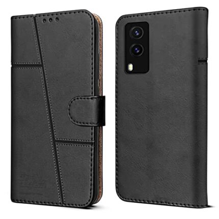 Jkobi Flip Cover Case for Vivo V21e 5G (Stitched Leather Finish | Magnetic Closure | Foldable Stand | Wallet Card Slots | Black)