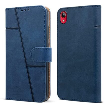 Jkobi Flip Cover Case for Vivo Y91i (Stitched Leather Finish | Magnetic Closure | Inner TPU | Foldable Stand | Wallet Card Slots | Blue)
