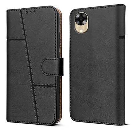 Jkobi Flip Cover Case for Oppo A17K (Stitched Leather Finish | Magnetic Closure | Inner TPU | Foldable Stand | Wallet Card Slots | Black)
