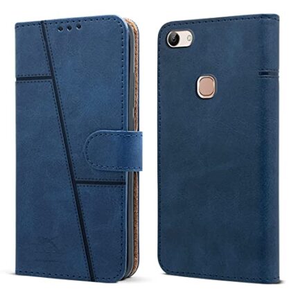 Jkobi Flip Cover Case for Vivo Y81 | Vivo Y83 (Stitched Leather Finish | Magnetic Closure | Inner TPU | Foldable Stand | Wallet Card Slots | Blue)