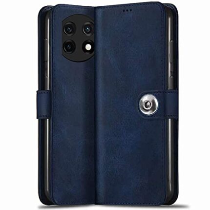 TheGiftKart Genuine Leather Finish Flip Back Cover Case for OnePlus 11R 5G | Inbuilt Pockets & Stand | Wallet Style | Designer Button Magnet Flip Cover Back Case for OnePlus 11R 5G (Blue)