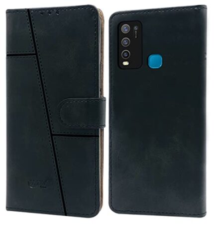 Jkobi Flip Cover Case for Vivo Y50 (Stitched Leather Finish | Magnetic Closure | Inner TPU | Foldable Stand | Wallet Card Slots | Black)