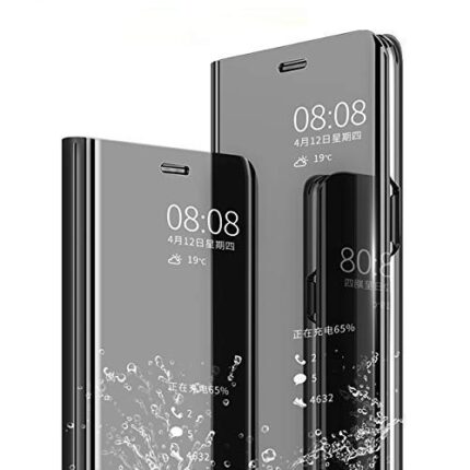 DIVYANKA® Stand View Oppo A12 Mirror Flip Cover, Electroplastic PU|Leather Protection Mobile Flip Case for Oppo A12, (Polycarbonate, Black)
