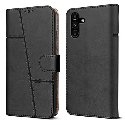 Jkobi Flip Cover Case for Samsung Galaxy A14 5G (Stitched Leather Finish | Magnetic Closure | Inner TPU | Foldable Stand | Wallet Card Slots | Black)