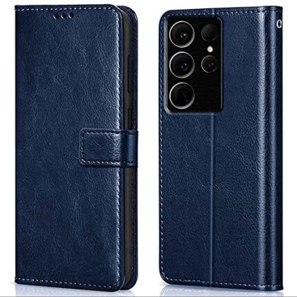 WOW IMAGINE Shock Proof Flip Cover Back Case Cover for Samsung Galaxy S23 Ultra 5G (Flexible | Leather Finish | Card Pockets Wallet & Stand | Blue)