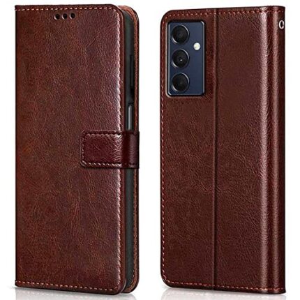 WOW IMAGINE Shock Proof Flip Cover Back Case Cover for Samsung Galaxy M14 5G (Flexible | Leather Finish | Card Pockets Wallet & Stand | Chestnut Brown)
