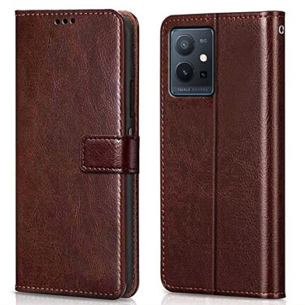 WOW IMAGINE Shock Proof Flip Cover Back Case Cover for iQOO Z6 5G | Vivo T1 5G | Vivo Y75 5G (Flexible | Leather Finish | Card Pockets Wallet & Stand | Chestnut Brown)