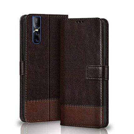 Winkel Premium Vegan Leather Dual Flip Magnetic Mobile Cover Case | Kickstand & Card Holder | 360 Degree Grip Protection| Wallet Type with Magnetic Closure for VIVO V15 PRO -(Coffee with Brown)