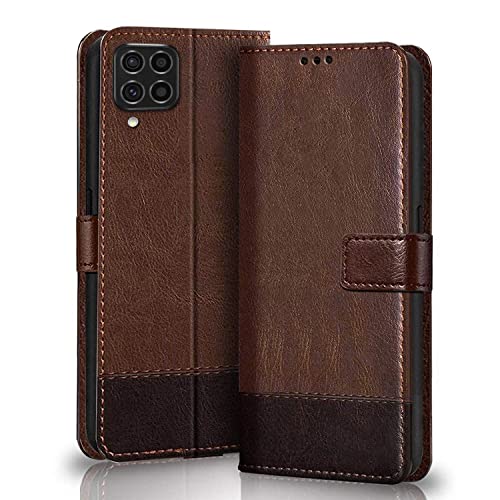 Winkel Premium Vegan Leather Dual Flip Magnetic Mobile Cover Case | Kickstand & Card Holder | 360 Degree Grip Protection| Wallet Type with Magnetic Closure for Samsung Galaxy F62 -(Brown with Coffee)