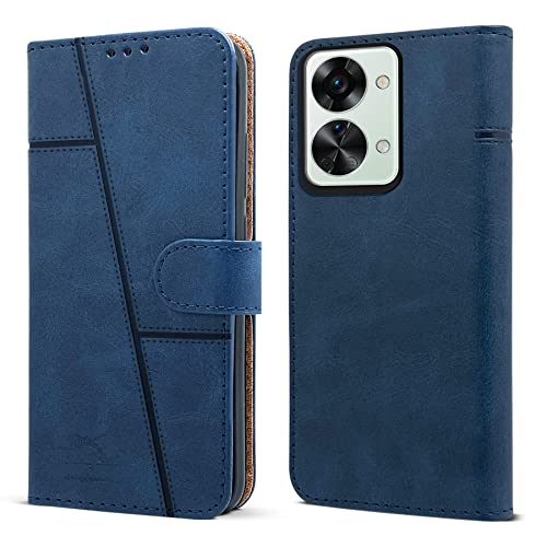 Jkobi Flip Cover Case for OnePlus Nord 2T 5G (Stitched Leather Finish | Magnetic Closure | Inner TPU | Foldable Stand | Wallet Card Slots | Blue)