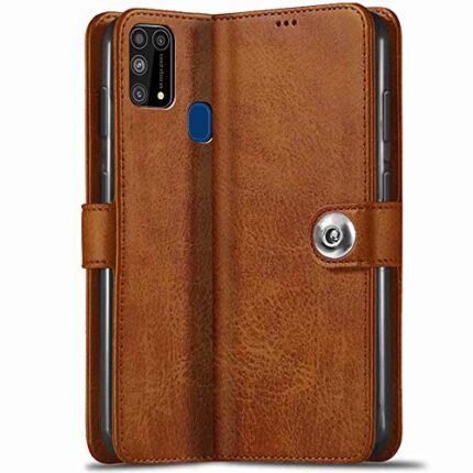 TheGiftKart Genuine Leather Finish Button Flip Cover Back Case with Inbuilt Stand & Inside Pockets for Samsung Galaxy M31 Prime / F41 / M31 (Camel Brown)
