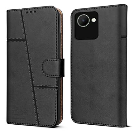 Jkobi Flip Cover Case for Realme Narzo 50i Prime (Stitched Leather Finish | Magnetic Closure | Inner TPU | Foldable Stand | Wallet Card Slots | Black)
