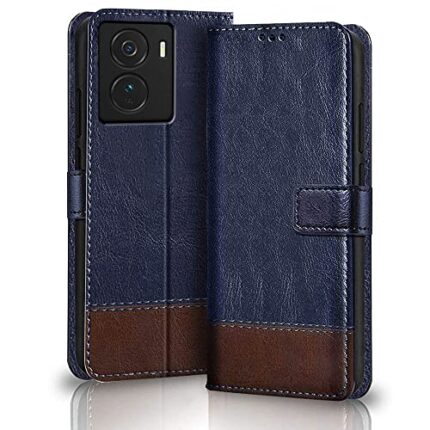 TheGiftKart Flip Back Cover Case for iQOO Z7 5G | Dual-Color Leather Finish | Inbuilt Stand & Pockets | Wallet Style Flip Back Case Cover for iQOO Z7 5G (Blue & Brown)