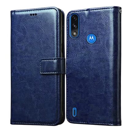 Amazon Brand - Solimo Flip Leather Mobile Cover (Soft & Flexible Back case) for Motorola Moto E7 Power (Blue)