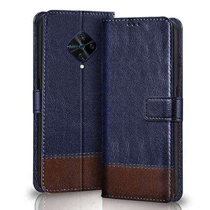 Winkel Premium Vegan Leather Dual Flip Magnetic Mobile Cover Case | Kickstand & Card Holder | 360 Degree Grip Protection| Wallet Type with Magnetic Closure for VIVO S1 Pro -(Blue with Brown)