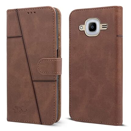 Jkobi Flip Cover Case for Samsung Galaxy J2 Pro (Stitched Leather Finish | Magnetic Closure | Inner TPU | Foldable Stand | Wallet Card Slots | Brown)