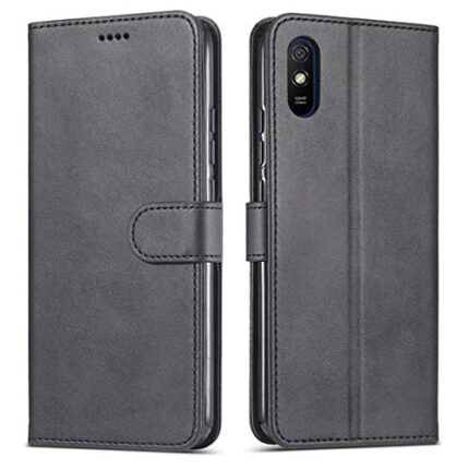 Amazon Brand - Solimo Flip Leather Mobile Cover (Soft & Flexible Back case) for Mi Redmi 9A (Black)