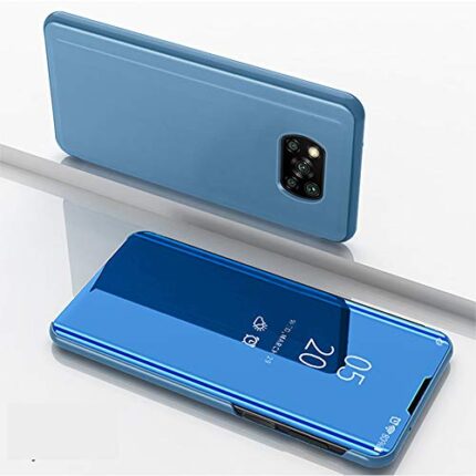 DIVYANKA® Stand View Redmi Poco X3 Pro Mirror Flip Cover, Electroplastic PU|Leather Protection Mobile Flip Case for Redmi Poco X3 Pro, (Polycarbonate, Blue)