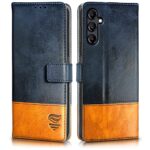FLIPPED Vegan Leather Flip Case Back Cover for Samsung Galaxy M14 5G (Flexible, Shock Proof | Hand Stitched Leather Finish | Card Pockets Wallet & Stand | Irish Blue with Tanned Oak)