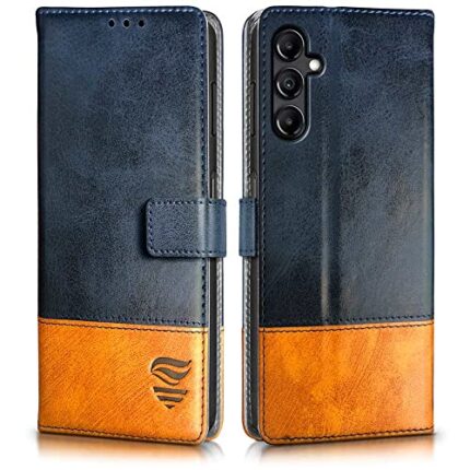 FLIPPED Vegan Leather Flip Case Back Cover for Samsung Galaxy M14 5G (Flexible, Shock Proof | Hand Stitched Leather Finish | Card Pockets Wallet & Stand | Irish Blue with Tanned Oak)
