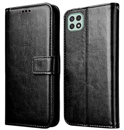 Jkobi Flip Cover Case for Samsung Galaxy A22 5G (Leather Finish | Magnetic Closure | Inner TPU | Foldable Stand | Wallet Card Slots | Black)