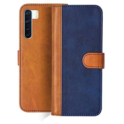 Knotyy Faux Leather Flip Cover Case Back Cover for Oppo F15 Foldable Stand | Cards Pockets Inside | Shockproof 360 Degree Protect | Magnetic Clutch Flip Cover (Blue and Brown)