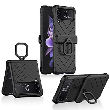Midkart Armor Style Automatic Recovery Magnetic Hinge Protection Cover Compatible with Samsung Galaxy Z Flip 3 with Kickstand Hard PC Protective Cover, Black