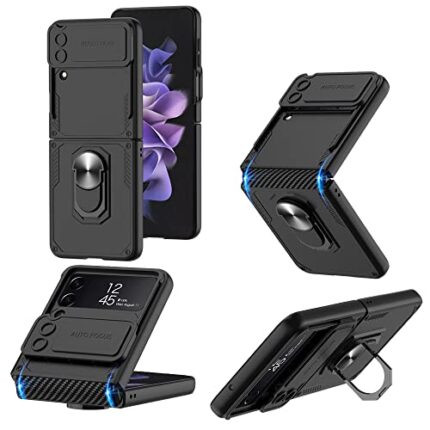 Midkart Automatic Sliding Hinge Protection Cover Compatible with Samsung Galaxy Z Flip 4 Hard PC Ring Kickstand Style with Sliding Camera Protection Case, Black
