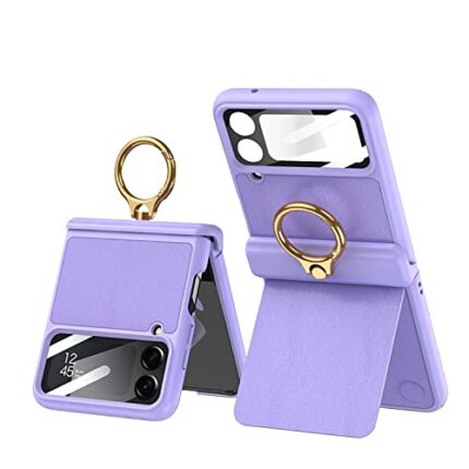 Midkart Leather Magnetic Hinge Protection Cover Compatible with Samsung Galaxy Z Flip 4 with Keychain Ring Holder and Built-in Kickstand Shockprood Cover, Purple