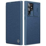 Nillkin Case for Samsung Galaxy S22 Ultra (6.8" Inch) Qin Pro Cloth Leather Camshield Camera Slider Flip Folio + Card Slot Blue Color