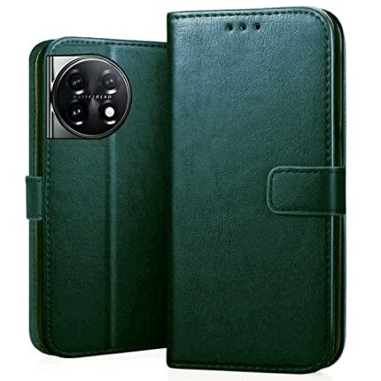 Nkarta Genuine Leather Finish Flip Cover Back Case for Oneplus 11 5G|Inbuilt Stand & Inside Pockets| Wallet Style | Magnet Closure - Green