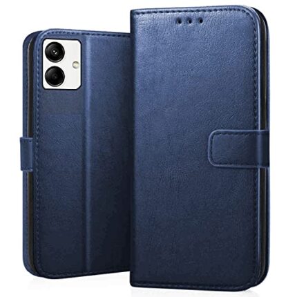 Nkarta Genuine Leather Finish Flip Cover Back Case for Samsung Galaxy M04|Inbuilt Stand & Inside Pockets| Wallet Style | Magnet Closure - Blue