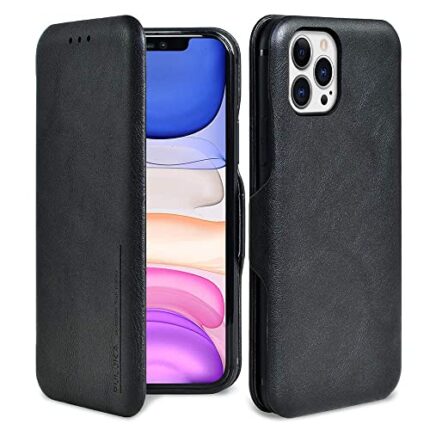 PULOKA iPhone 13 Pro Leather Flip Back Cover Leather Wallet Back Case with Card Slot and Kickstand Function Compatible with Apple iPhone 13 Pro - Black