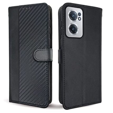 Pikkme Oneplus Nord Ce 2 5G Flip Cover | PU Leather Finish | Carbon Pattern Pouch | Wallet Style | Inbuilt Pockets & Stand | Flip Case (Black)