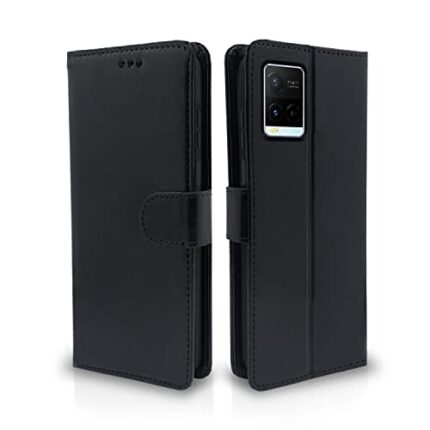 Pikkme Vivo Y21 2021 / Y33s Flip Case Leather Finish | Inside TPU with Card Pockets | Wallet Stand and Shock Proof | Magnetic Closing | Complete Protection Flip Cover for Vivo Y21 2021 / Y33s (Black)