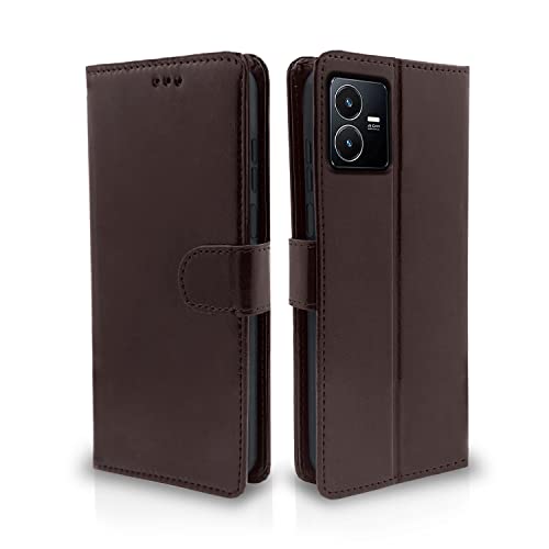 Pikkme Vivo Y22 Flip Case Leather Finish | Inside TPU with Card Pockets | Wallet Stand and Shock Proof | Magnetic Closing | Complete Protection Flip Cover for Vivo Y22 (Coffee)