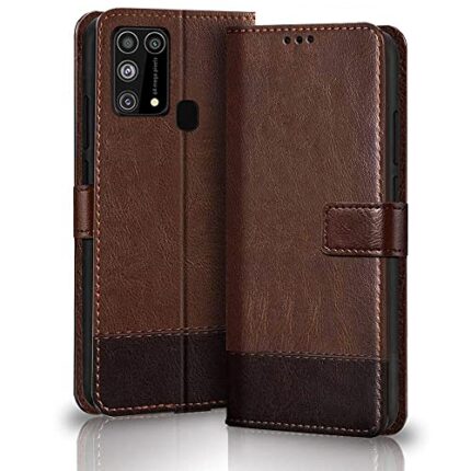 TheGiftKart Dual-Color Leather Finish Flip Back Cover for Samsung Galaxy M31 / F41 / M31 Prime | Inbuilt Stand & Pockets | Wallet Style Flip Cover Case (Faux Leather | Brown & Coffee)