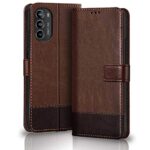 TheGiftKart Flip Back Cover Case For Motorola Moto G52/G82 5G|Dual-Color Leather Finish|Inbuilt Stand & Pockets|Wallet Style Flip Back Case Cover(Faux Leather|Brown & Coffee)