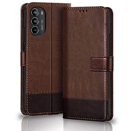 TheGiftKart Flip Back Cover Case For Motorola Moto G52/G82 5G|Dual-Color Leather Finish|Inbuilt Stand & Pockets|Wallet Style Flip Back Case Cover(Faux Leather|Brown & Coffee)