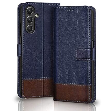 TheGiftKart Flip Back Cover Case for Samsung Galaxy M14 5G | Dual-Color Leather Finish | Inbuilt Stand & Pockets | Wallet Style Flip Back Case Cover for Samsung Galaxy M14 5G (Blue & Brown)