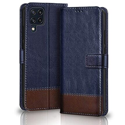 TheGiftKart Flip Back Cover Case for Samsung Galaxy M32 4G / M32 Prime | Dual-Color Leather Finish | Inbuilt Stand & Pockets | Wallet Style Flip Back Case for Samsung M32 4G / M32 Prime (Blue & Brown)