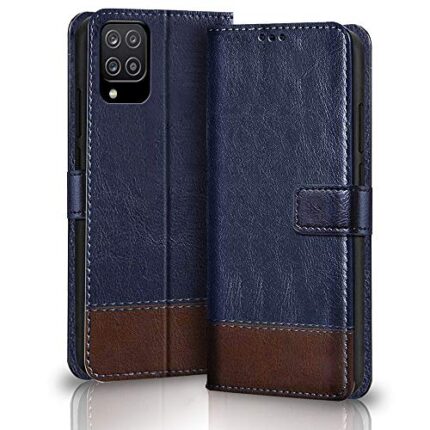 TheGiftKart Flip Case Back Cover for Samsung Galaxy M12 / F12 / A12 (Dual Color | Faux Leather | Blue & Brown)
