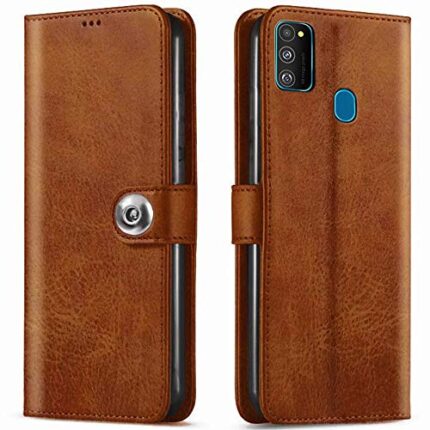 TheGiftKart Genuine Leather Finish Button Flip Cover Back Case with Inbuilt Stand & Inside Pockets for Samsung Galaxy M21 2021 Edition / M21 / M30s (Camel Brown)