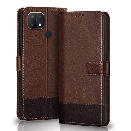Winkel Premium Vegan Leather Dual Flip Magnetic Mobile Cover Case | Kickstand & Card Holder | 360 Degree Grip Protection| Wallet Type with Magnetic Closure for Oppo A15|A15s -(Brown with Coffee)